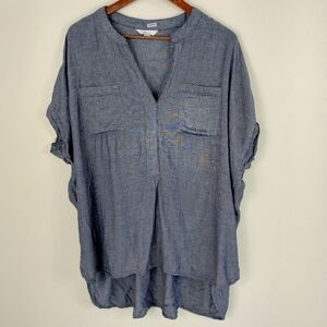 Kaktus Chambray Top 3X Blue Hi Low Hem Reladex Pockets Rayon Neutral